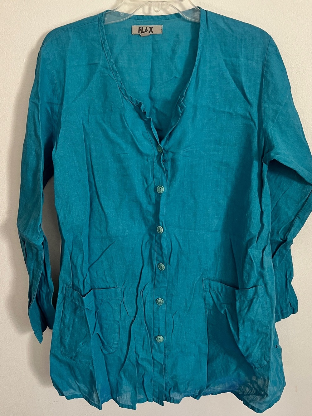Flax blue linen long sleeve button up tunic  size small